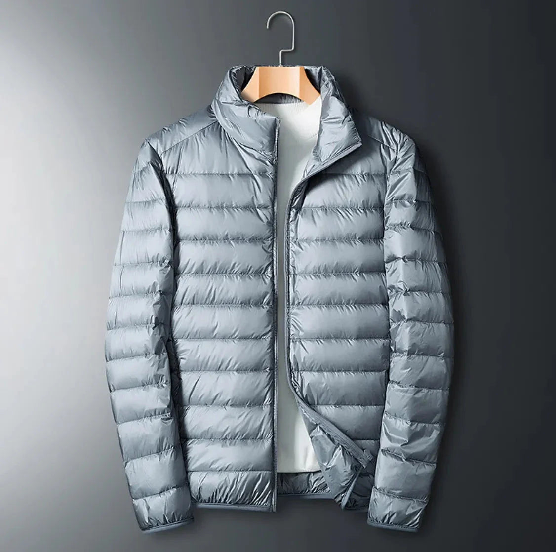 Men's lightweight puffer down jacket sleek silhouette zip closure water-resistant shell cold-weather