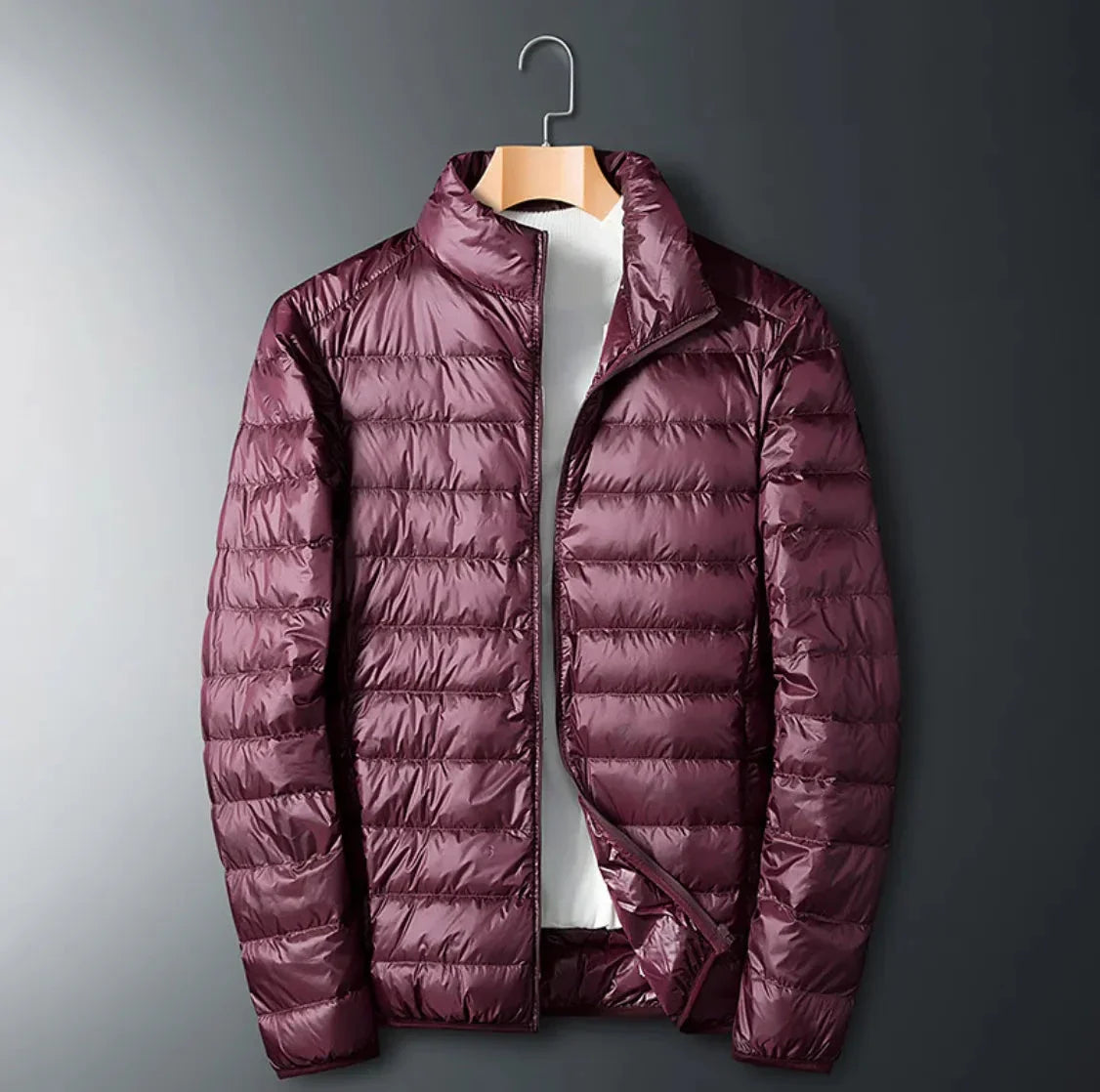 Men's lightweight puffer down jacket water-resistant shell zip closure slim fit cold-weather insulation