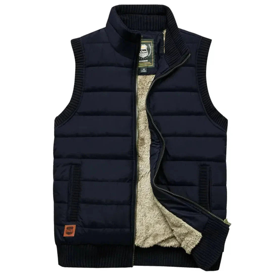 Men's lightweight quilted puffer vest, sleeveless navy blue with stand collar insulated cold weather layer