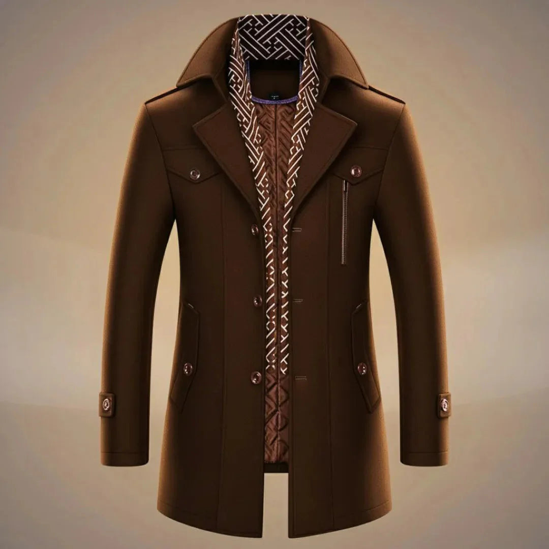 Men's long dark wool overcoat tailored slim fit with detachable scarf, premium structured silhouette