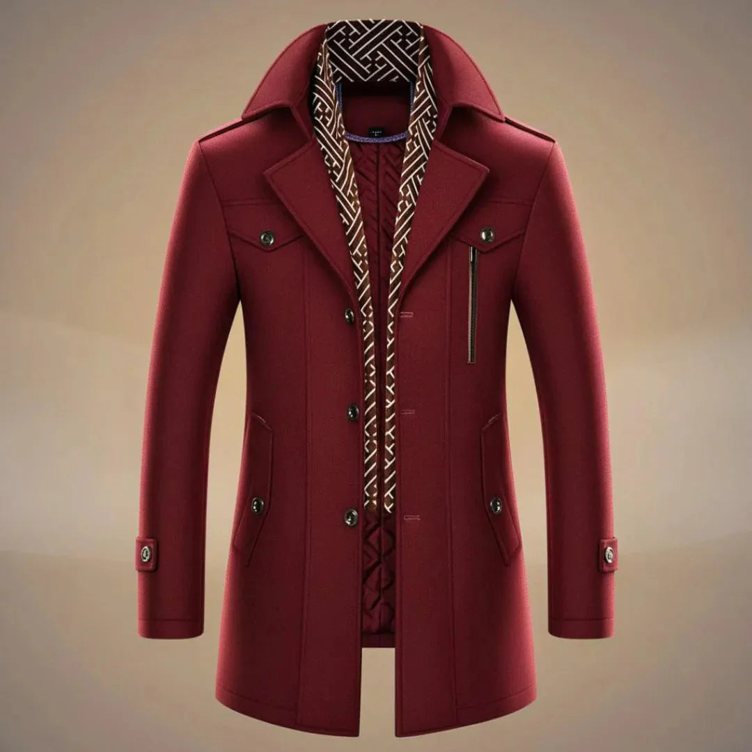 Men's long wool overcoat charcoal tailored fit with detachable scarf for city professionals