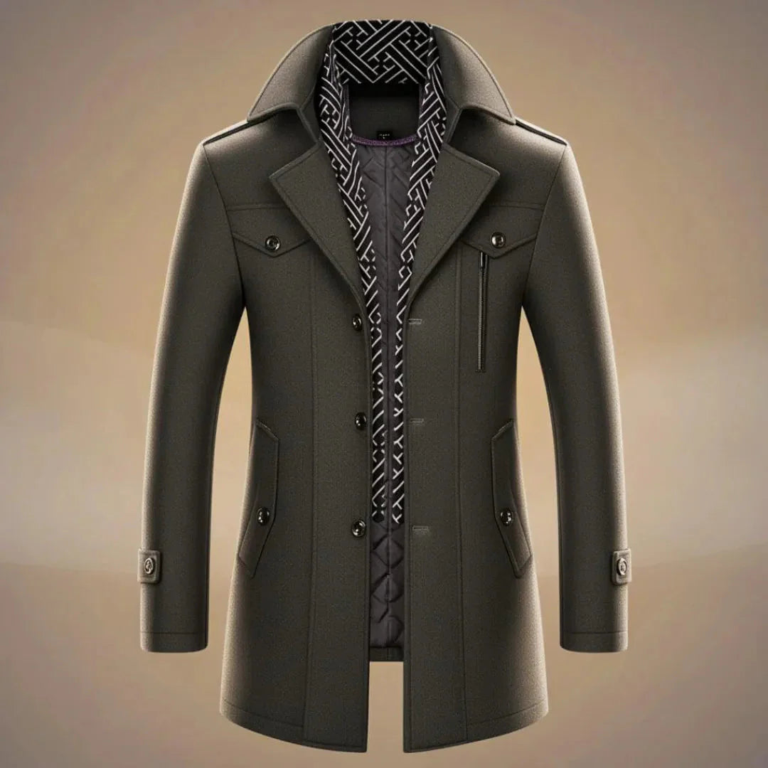 Men's long wool overcoat charcoal tailored fit with detachable scarf for city professionals