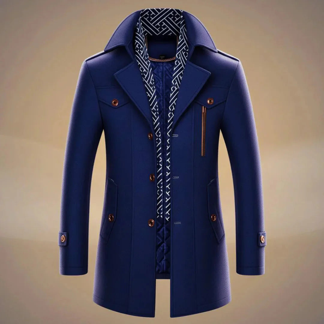 Men's long charcoal wool overcoat tailored slim with detachable scarf for city professionals