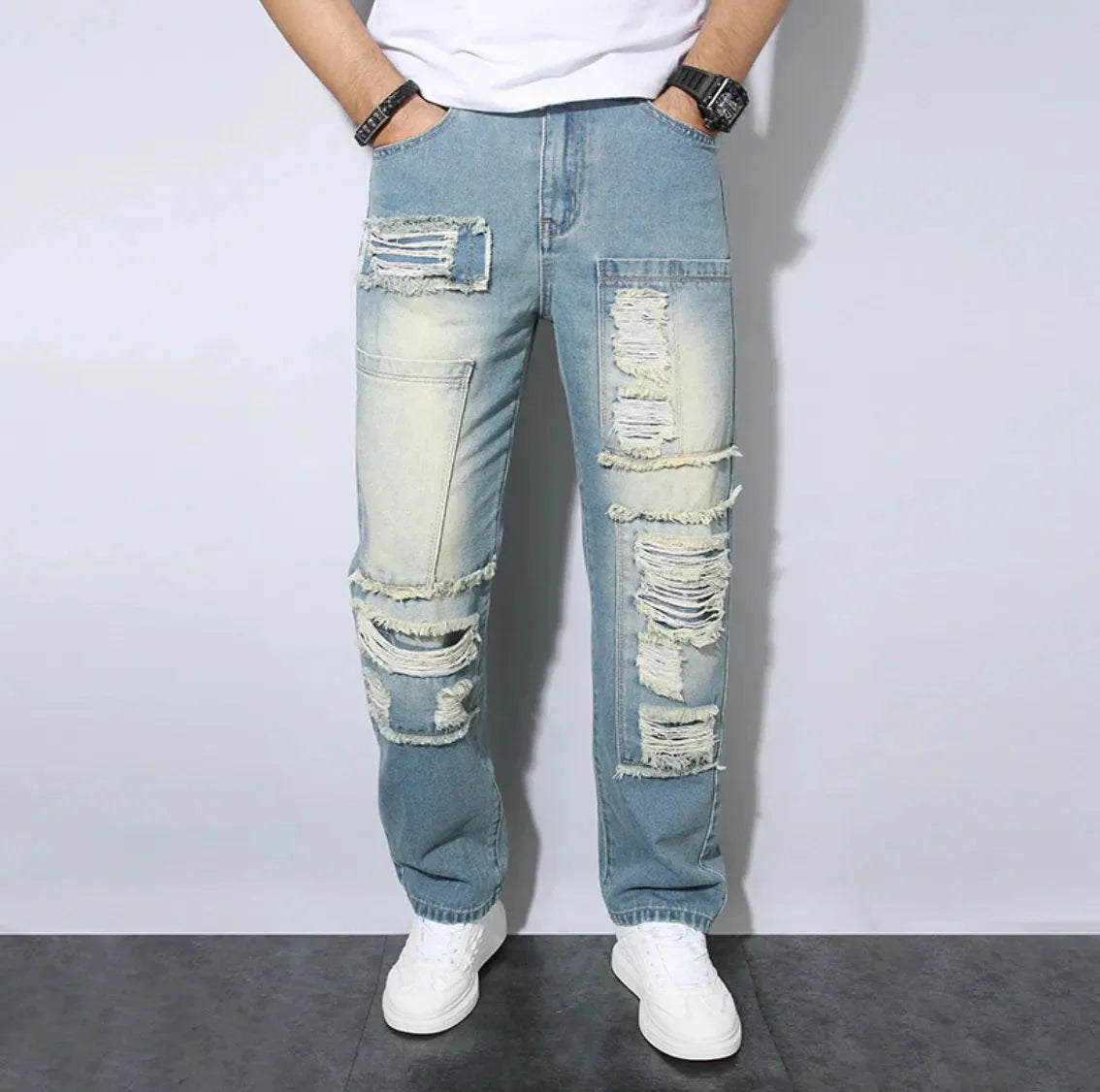 Men's loose fit distressed denim jeans heavy wash ripped details relaxed straight leg streetwear