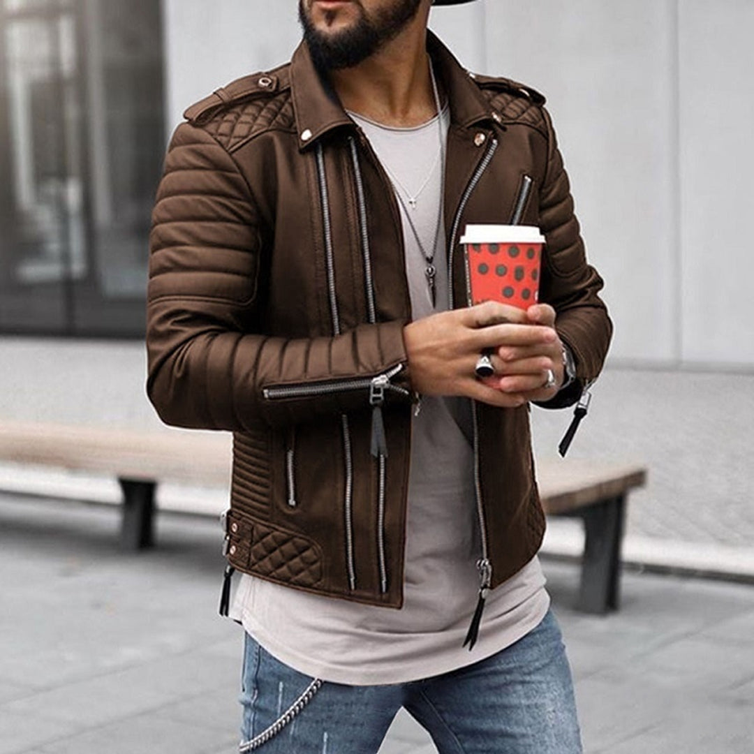Black leather moto jacket men quilted shoulders zip-up streetwear tailored biker silhouette