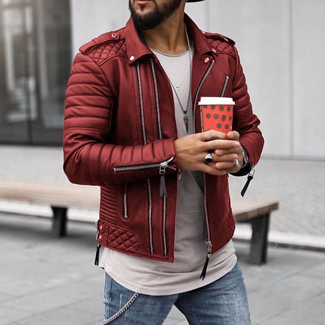 Men's black leather moto jacket zip-up with quilted shoulders, tailored streetwear silhouette