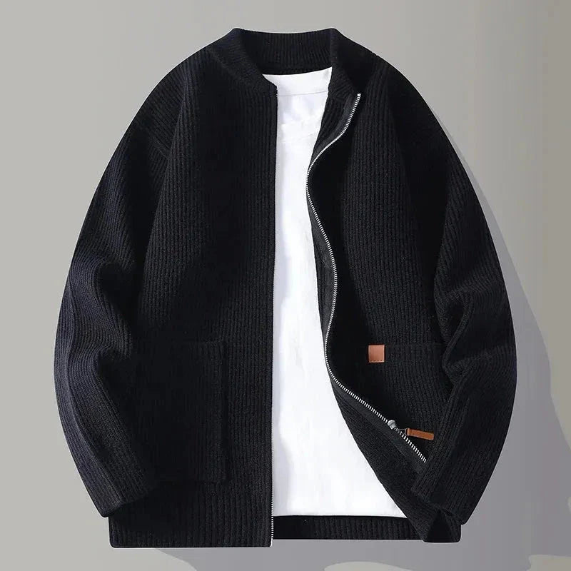 Men's loose knit cardigan full zip mock neck lightweight ribbed knitwear with front pockets