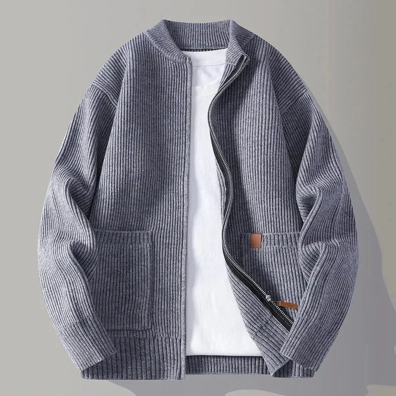 Men's loose knit cardigan full zip mock neck ribbed texture lightweight layering with front pockets
