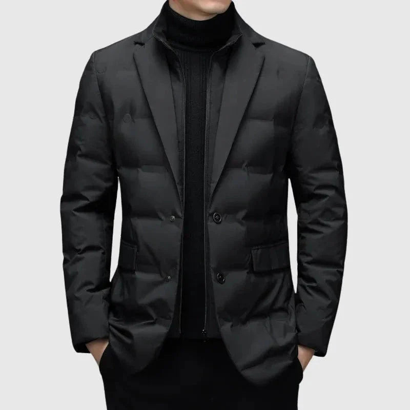 Men's navy quilted down blazer jacket with notched lapel, tailored silhouette for cold weather