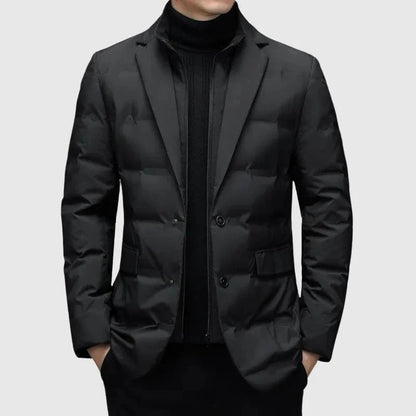 Men's navy quilted down blazer jacket with notched lapel, tailored silhouette for cold weather