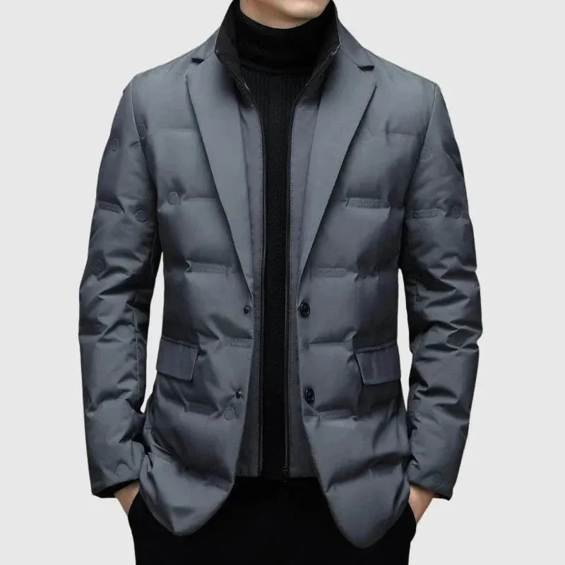 Men's navy quilted down blazer jacket with notched lapel, tailored slim fit for cold weather