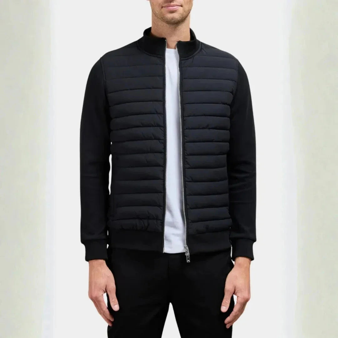Men's quilted hybrid jacket lightweight padded front soft sleeves modern slim fit everyday wear