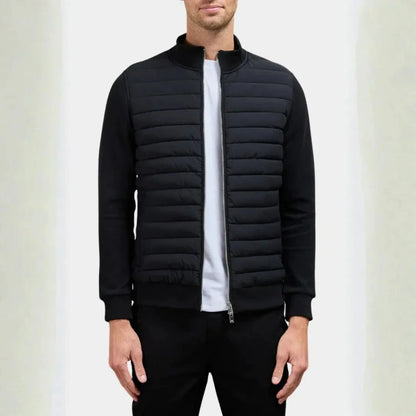 Men's quilted hybrid jacket lightweight padded front soft sleeves modern slim fit everyday wear