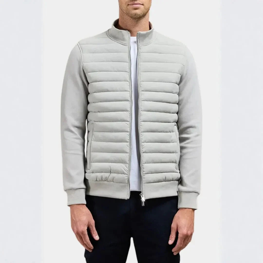 Men's quilted hybrid jacket lightweight padded front soft sleeves modern silhouette everyday casual wear