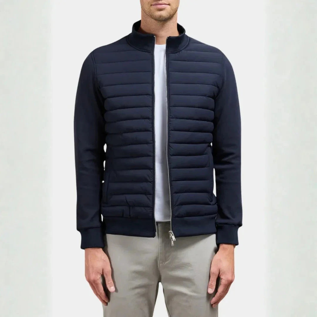 Men's quilted hybrid jacket lightweight padded front soft sleeves modern versatile everyday style