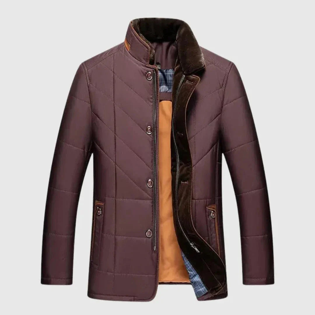 Men's quilted padded jacket stand collar lightweight dual zipper button closure modern fit