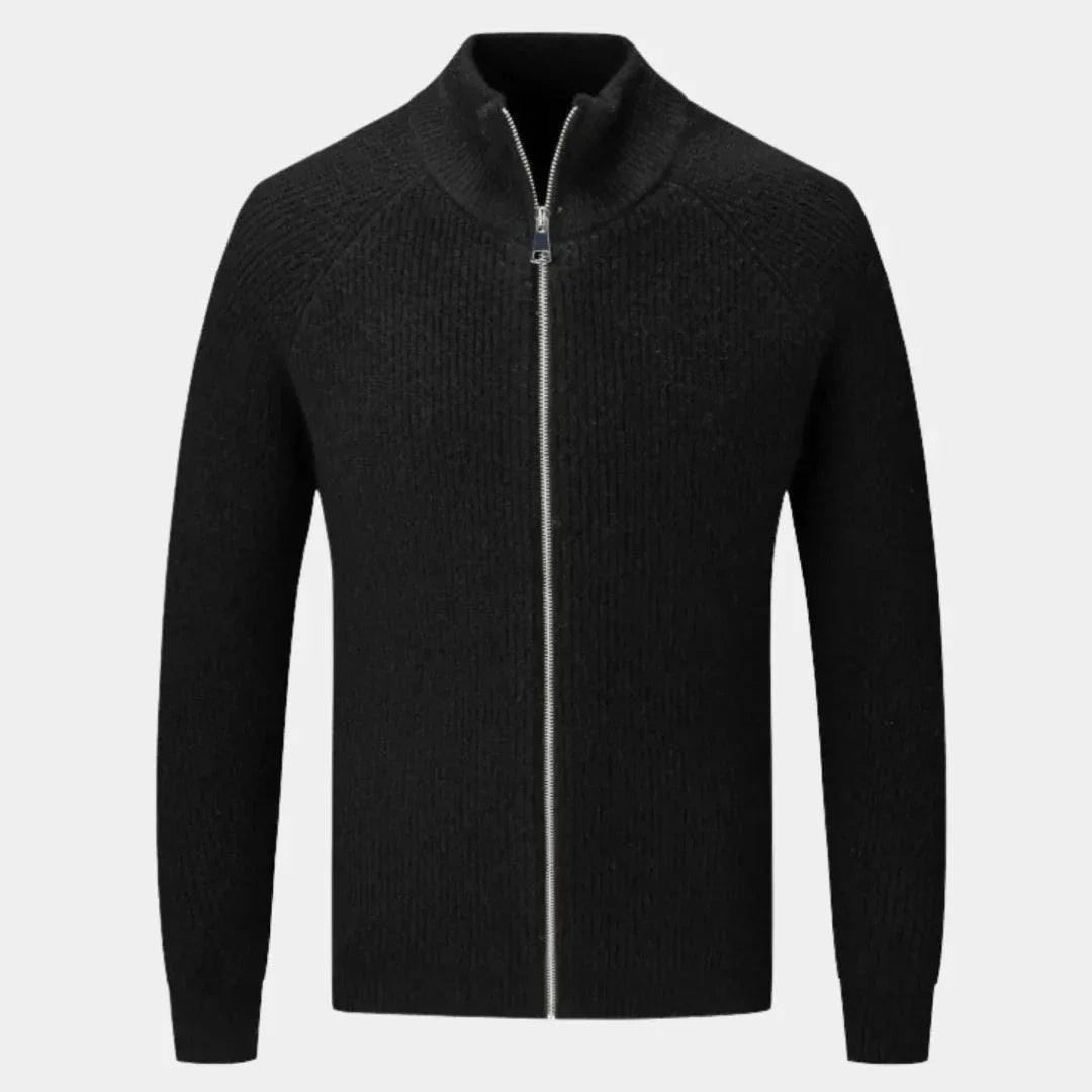 Men's ribbed cashmere blend zip sweater with high stand collar in neutral tone