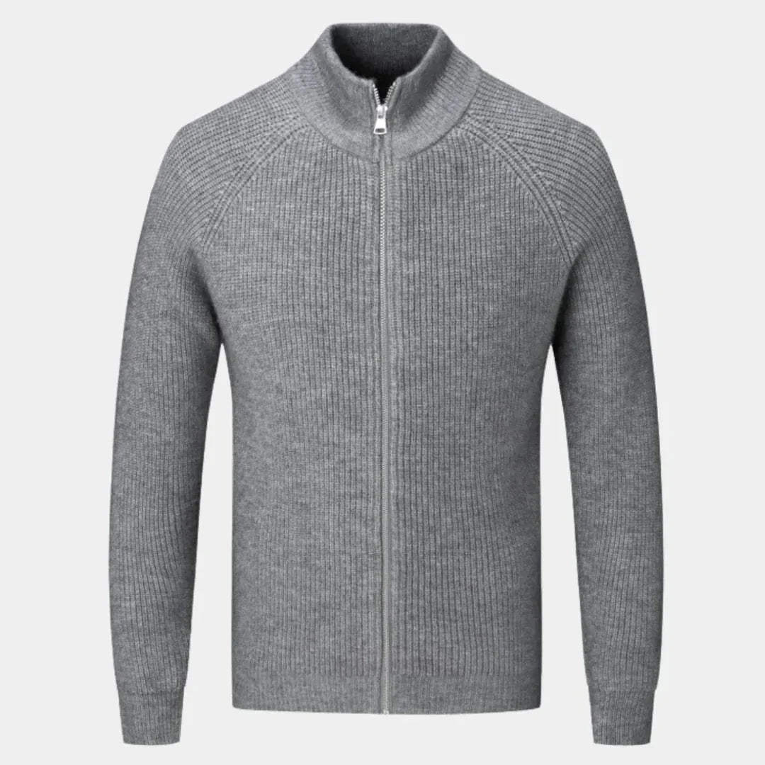 Men's ribbed cashmere blend zip sweater with high stand collar in neutral tone