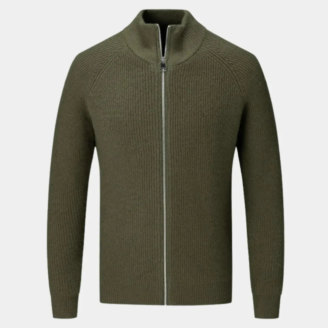 Men's ribbed cashmere blend zip sweater with high stand collar in neutral tone
