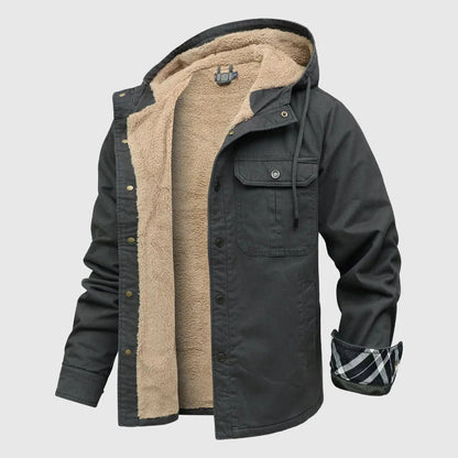 Men's sherpa fleece jacket rugged outer shell plush interior dual chest pockets warm layer
