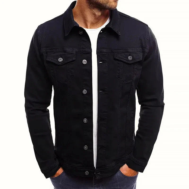 Men's slim fit olive denim jacket with button front chest pockets stretch cotton blend