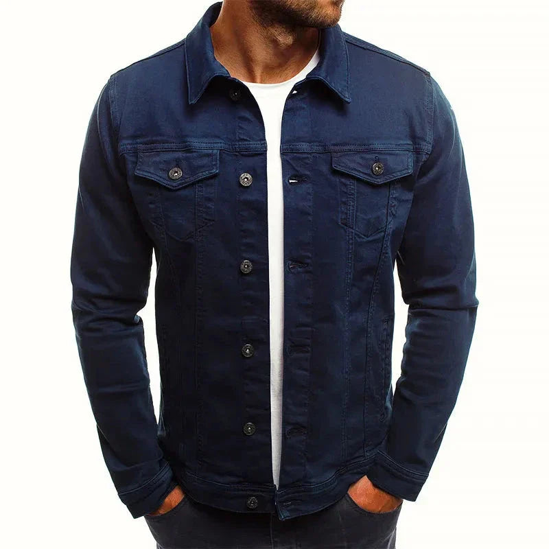 Men's slim fit olive denim jacket with button-front chest pockets, stretch cotton blend essential