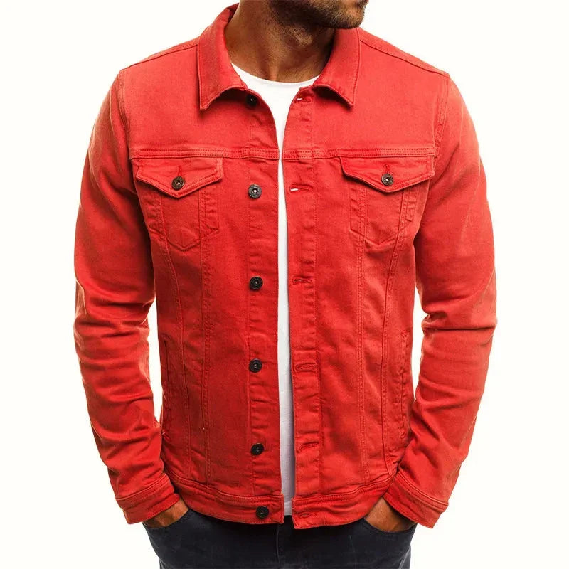 Men's slim fit olive denim jacket with button front chest pockets stretch cotton blend