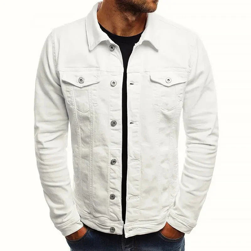 Men's slim fit olive denim jacket with button front chest pockets stretch cotton blend