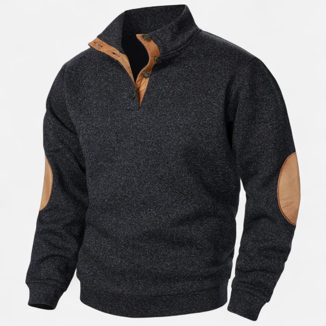 Men's heathered knit sweater stand collar suede elbow patches heritage rugged warm style