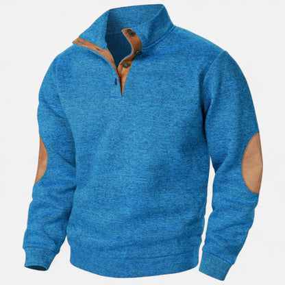 Men's heathered knit sweater stand collar suede elbow patches heritage rugged warm style