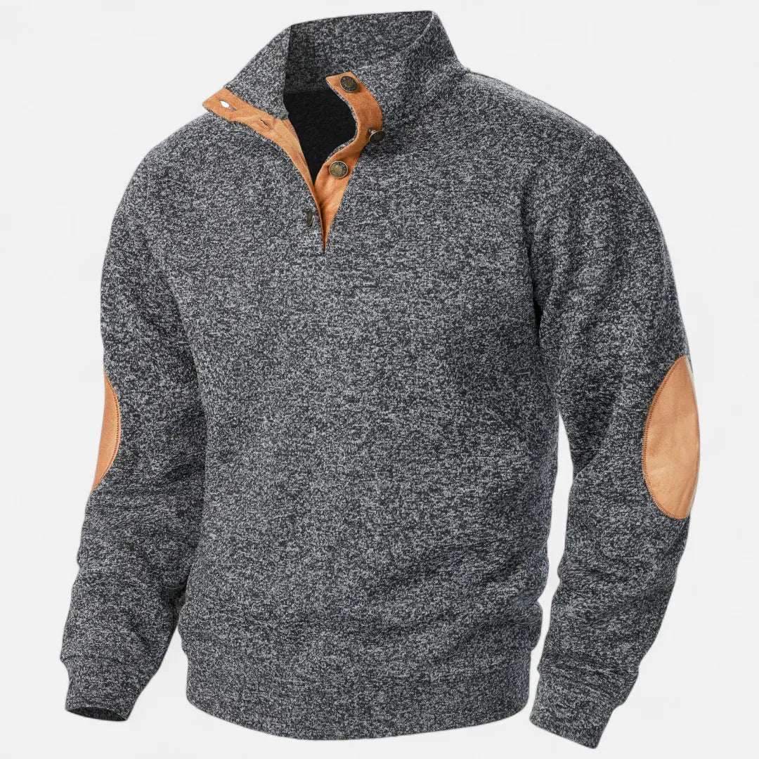 Men's heathered knit sweater stand collar suede elbow patches heritage rugged warm style