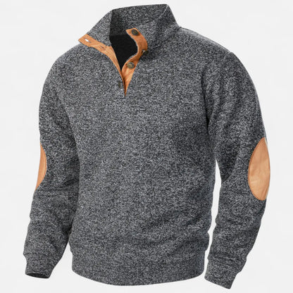 Men's heathered knit sweater stand collar suede elbow patches heritage rugged warm style