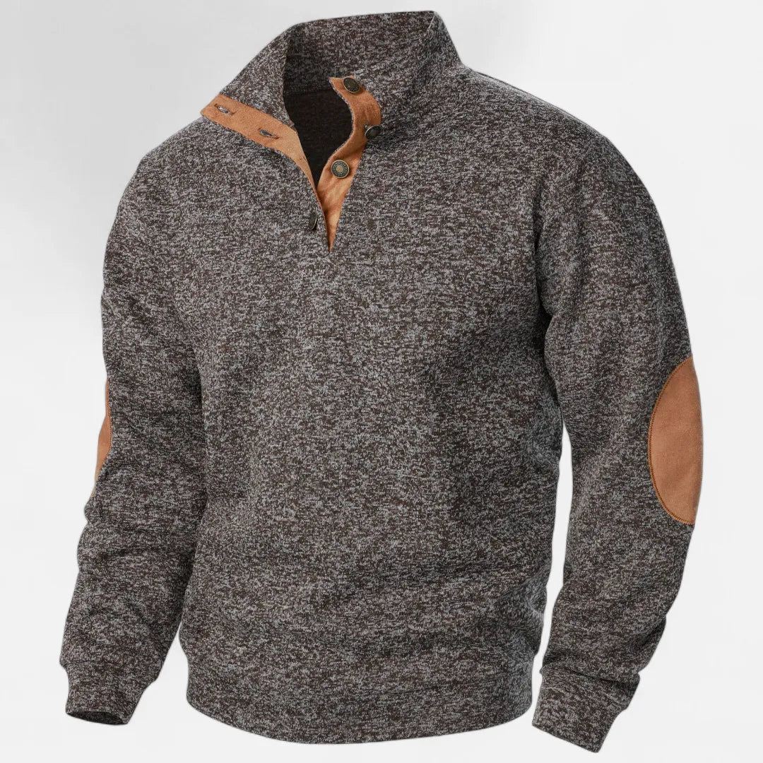 Men's heathered knit sweater stand collar suede elbow patches heritage rugged warm style