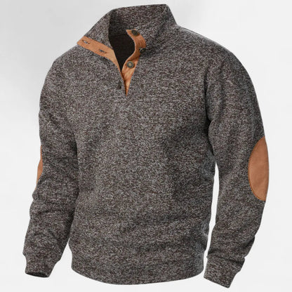 Men's heathered knit sweater stand collar suede elbow patches heritage rugged warm style