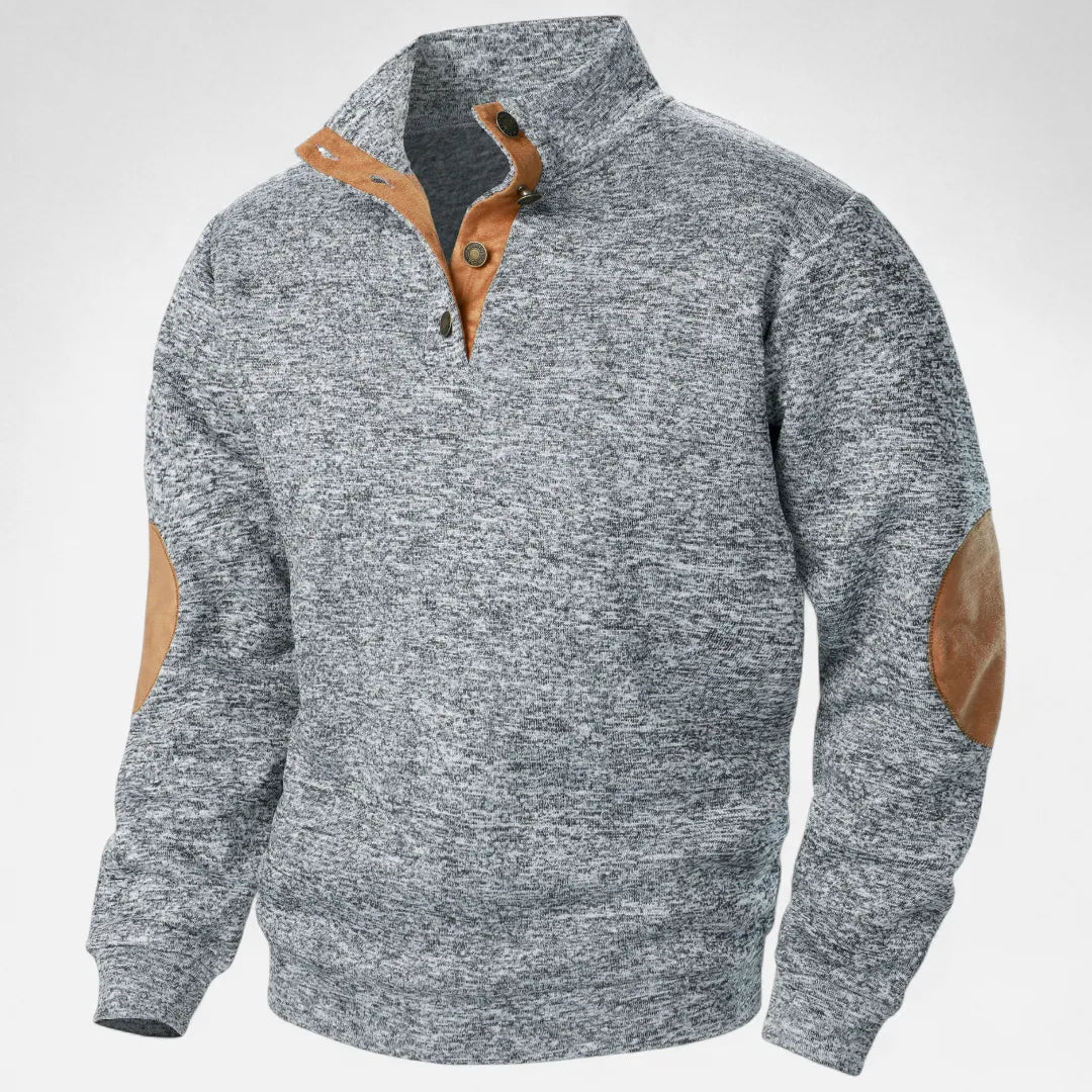 Men's heathered knit sweater stand collar suede elbow patches heritage rugged warm style