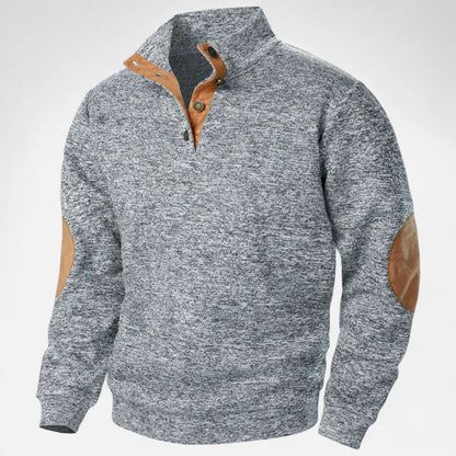 Men's heathered knit sweater stand collar suede elbow patches heritage rugged warm style