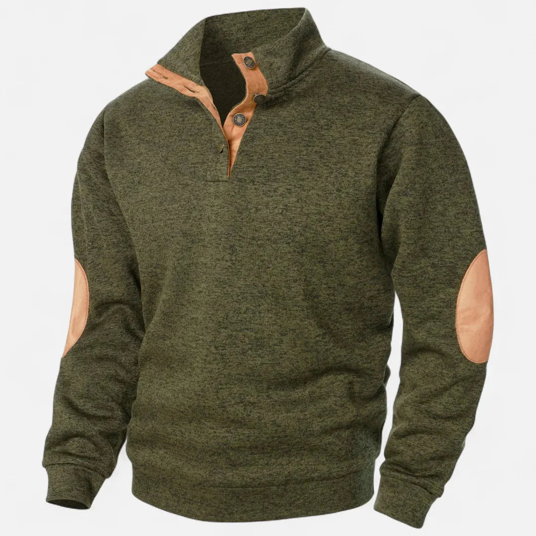 Men's heathered knit sweater stand collar suede elbow patches heritage rugged warm style