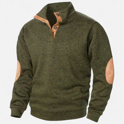 Men's heathered knit sweater stand collar suede elbow patches heritage rugged warm style