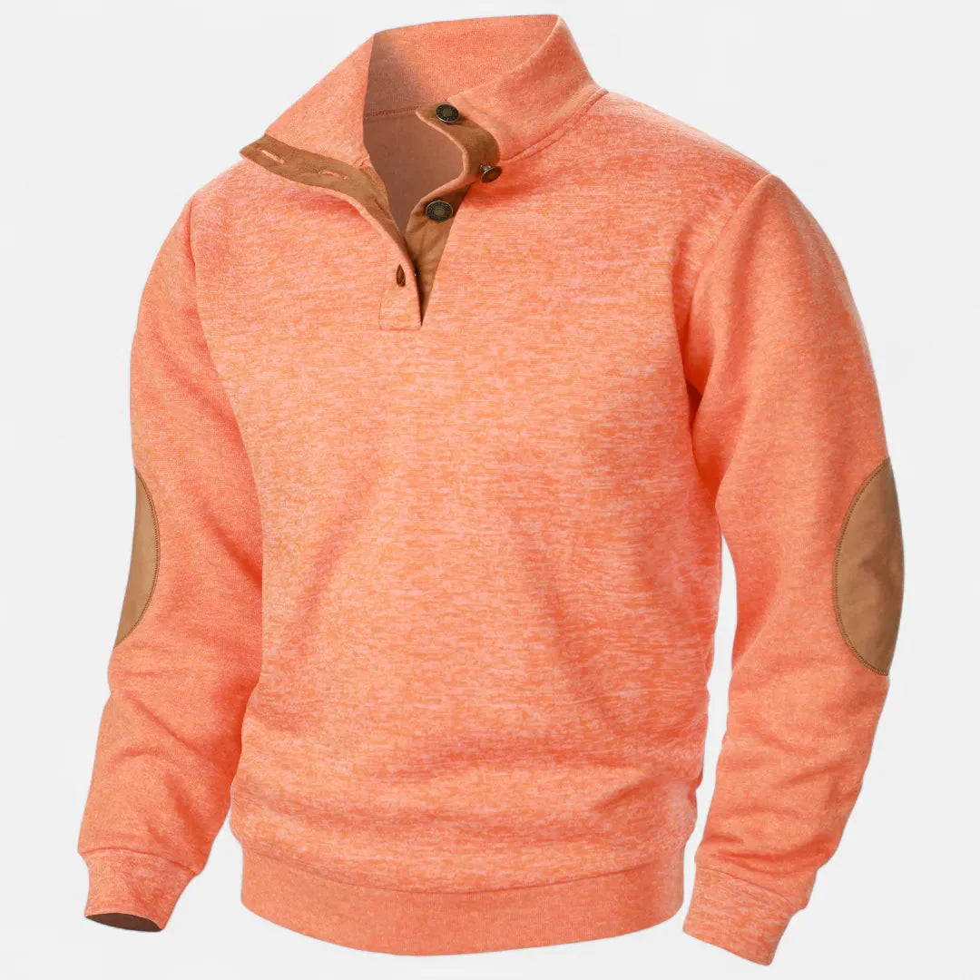 Men's heathered knit sweater stand collar suede elbow patches heritage rugged warm durable style