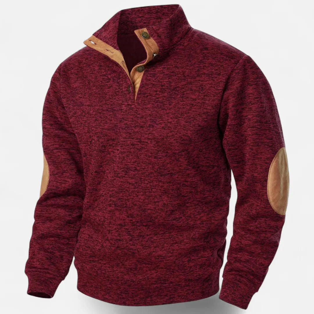 Men's heathered knit sweater stand collar suede elbow patches heritage rugged warm style