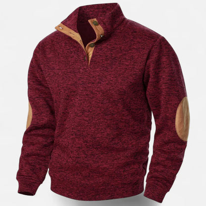 Men's heathered knit sweater stand collar suede elbow patches heritage rugged warm style