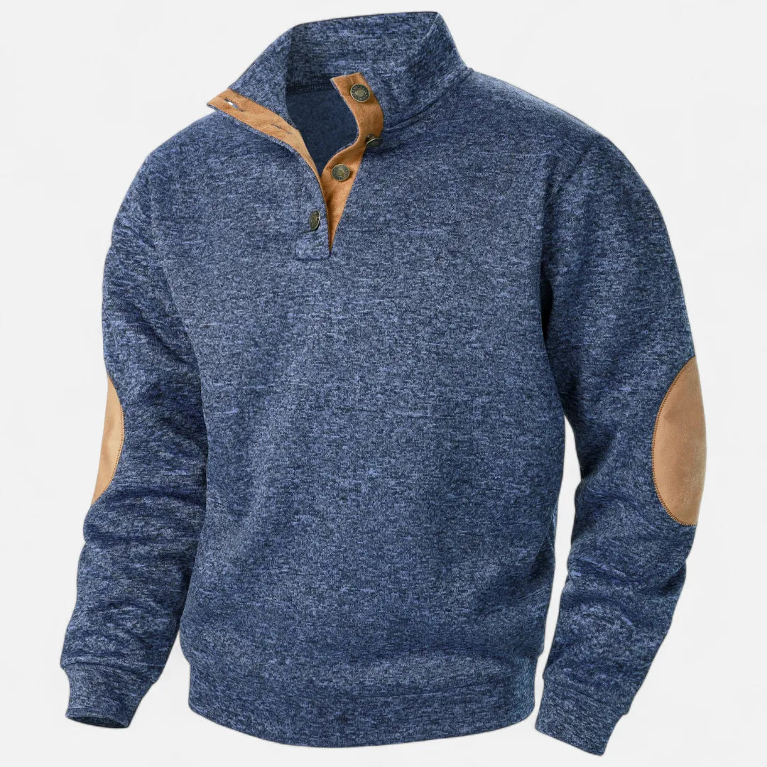 Men's heathered knit sweater stand collar suede elbow patches heritage rugged warm style