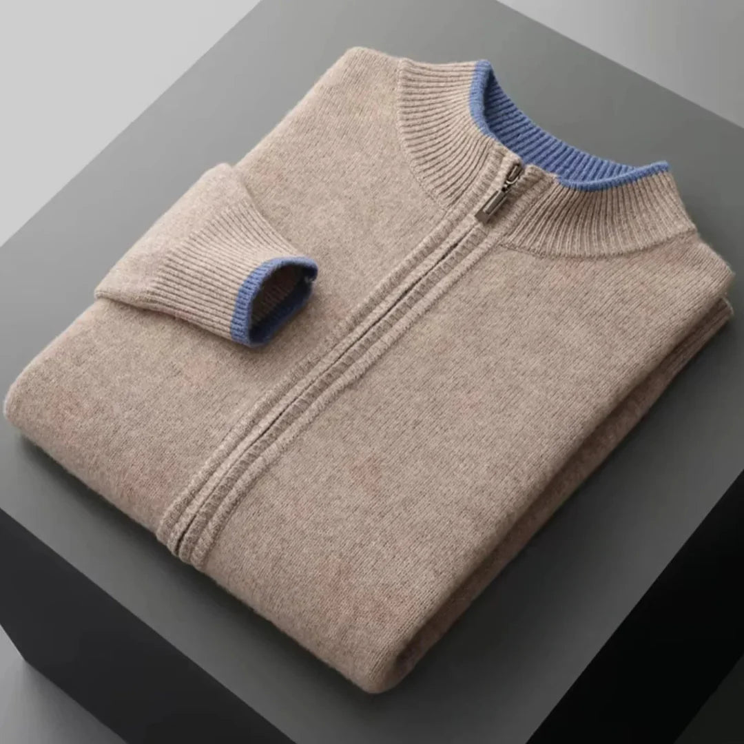 Men's merino wool full-zip sweater with two-tone ribbed collar, lightweight layering piece for everyday wear