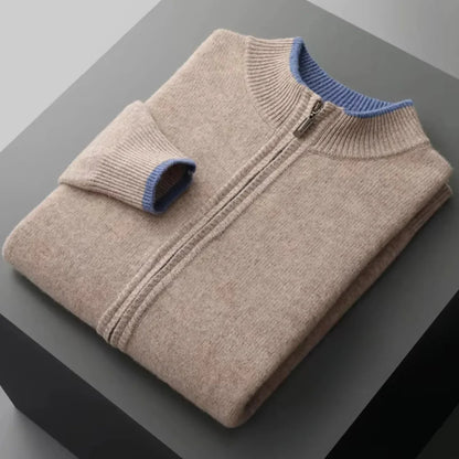 Men's merino wool full-zip sweater with two-tone ribbed collar, lightweight layering piece for everyday wear