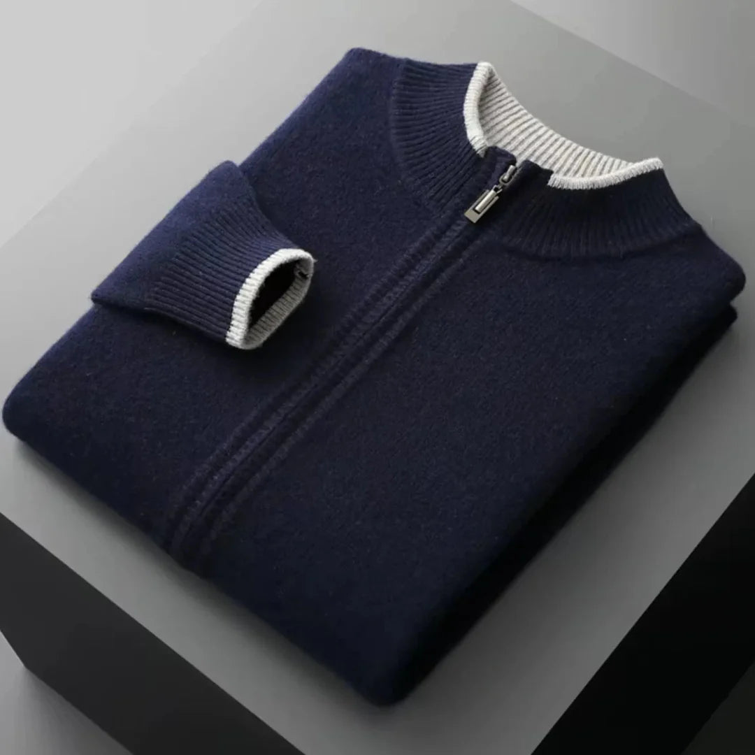 Men's merino wool full-zip sweater with two-tone ribbed collar, lightweight layering piece for everyday wear