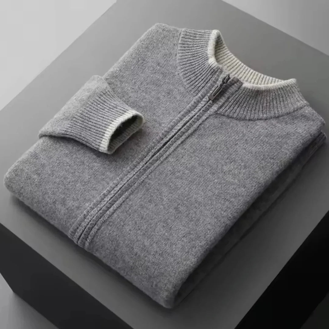 Men's merino wool full-zip sweater with two-tone ribbed collar, lightweight layering style
