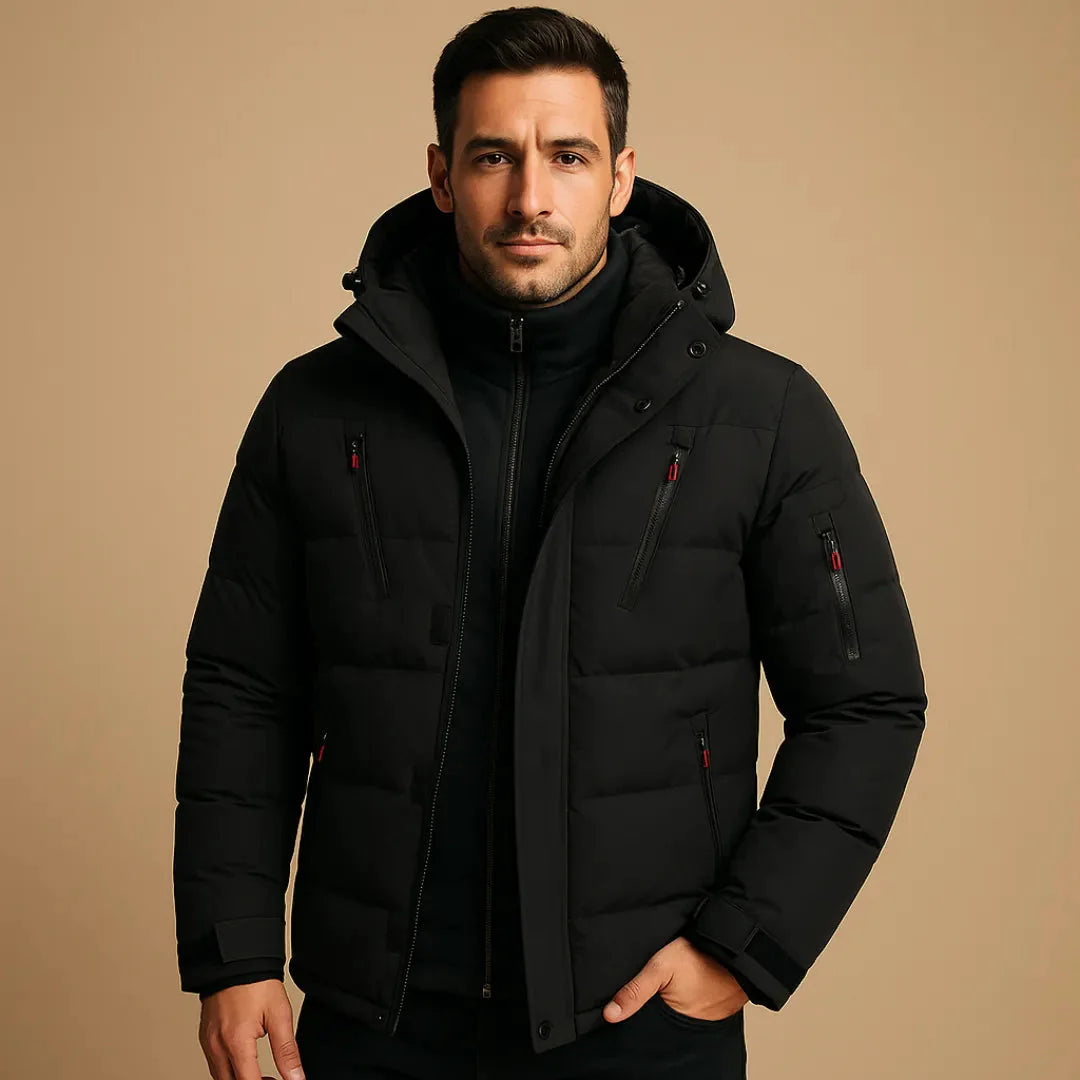 Men's waterproof hooded puffer jacket with insulated lining, secure pockets, lightweight winter design