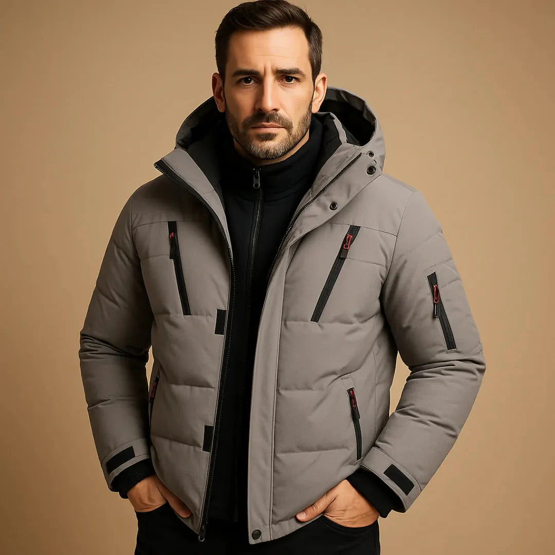 Men's waterproof hooded puffer jacket with insulated lining, secure pockets, lightweight winter design