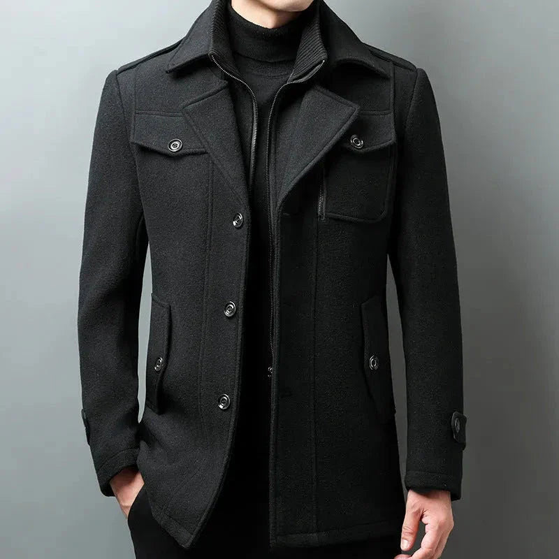 Men's charcoal wool blend pea coat with structured shoulders and front button closure