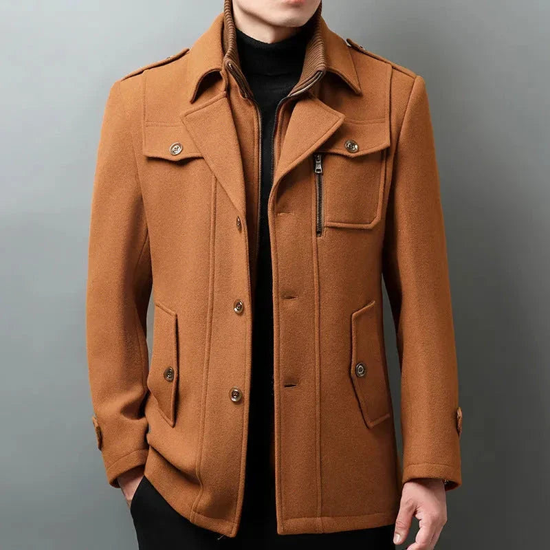 Men's charcoal wool blend pea coat with structured shoulders and front button closure